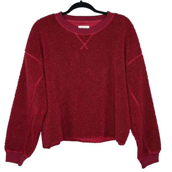 American Eagle Outfitters Tops - American Eagle Size L Oversized Boxy Teddy Sherpa Sweatshirt Crop Burgundy Red